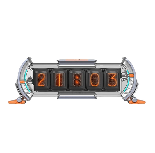 Divoom Times Gate Cyberpunk Digital Clock with RGB backlight, WiFi connectivity, and customizable pixel art display for gaming setups and workspaces.