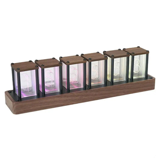 Walnut RGB nixie tube clock with customizable lighting, Wi-Fi sync, and vintage-inspired digital display for home and office décor.