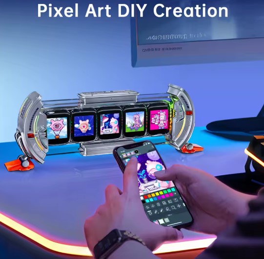 Divoom Times Gate Cyberpunk Digital Clock with RGB backlight, WiFi connectivity, and customizable pixel art display for gaming setups and workspaces.