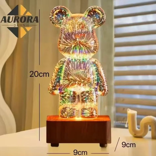 LED 3D Bear Fireworks Night Light with USB power, color-changing feature, and elegant glass lampshade for bedroom decor.